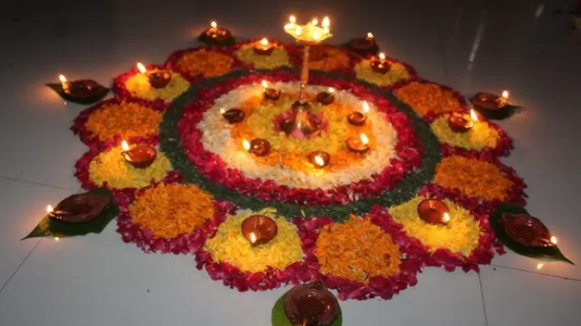 Diya and Flower Petal Rangoli Picture