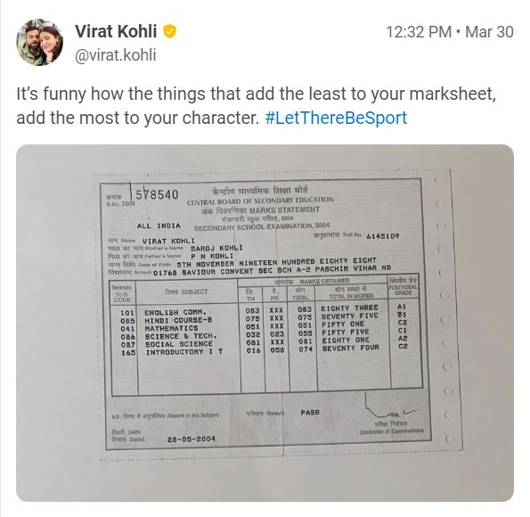 Virat kohli 10 Marksheet Picture