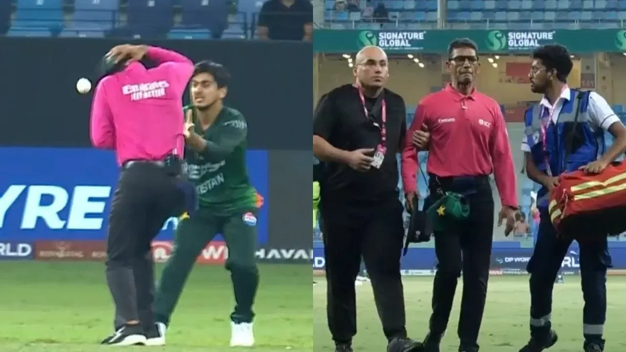Pakistani wicket keeper hit the ball on the umpire head